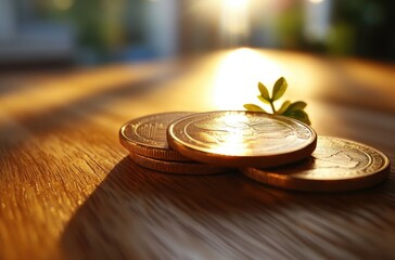 Poster - Close-Up View of Shiny Coins on Wooden Table with Soft Natural Light and Green Leaf Highlighting Concept of Wealth and Prosperity