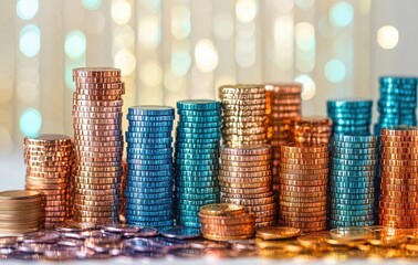 Poster - Colorful Coins Stacked in an Artistic Arrangement with Blurred Background of Golden Bokeh Lights for Financial and Wealth Concepts