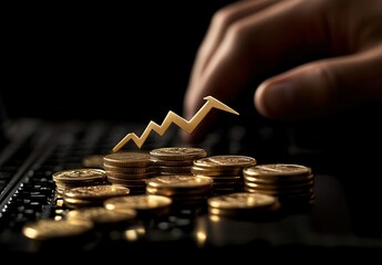 Poster - Creative representation of financial growth and investment concept featuring golden coins and an upward trend line on a dark background