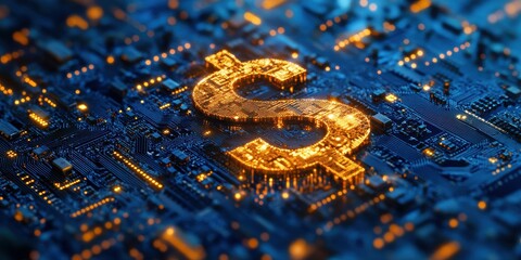 Poster - Digital Circuit Board with Glowing Dollar Symbol, Representing Technology and Finance Trends in Cryptocurrency and Online Transactions
