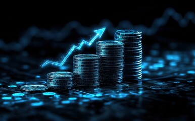 Poster - Digital Cryptocurrency Growth With Stacked Coins and Rising Arrow on Financial Data Background in Futuristic Style