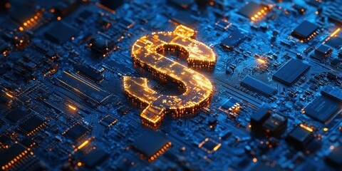 Poster - Digital currency concept with glowing dollar sign over a circuit board background, representing finance technology and modern economy