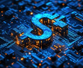 Poster - Digital Dollar Symbol Embedded in Circuit Board with Glowing Lights and Detailed Electronic Components Representing Financial Technology Innovation