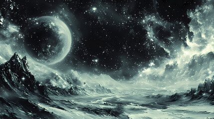 Wall Mural - A black and white background. Frozen Cosmic Storms. Illustration