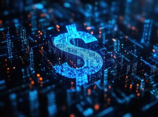 Poster - Digital Financial Background Featuring Glowing Blue Dollar Sign Surrounded by Abstract Data Visualization and Circuit Patterns on Dark Backdrop