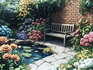 Wall Mural - Serene garden scene with bench, pond, and vibrant blooms.