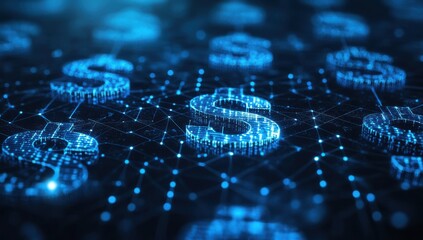 Poster - Digital rendering of glowing dollar signs in a networked environment showcasing futuristic finance technology and currency concepts for stock photo use