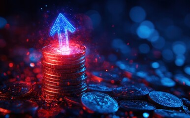 Poster - Digital representation of an upward arrow with glowing effects on a stack of coins symbolizing financial growth and investment opportunities in cryptocurrency markets