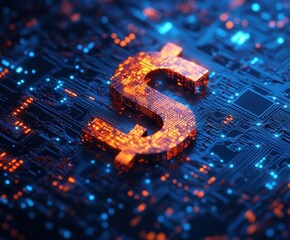 Poster - Digital representation of finance symbol on abstract circuit board background illustrating technology, data, and economy integration in modern world