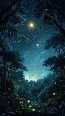 Wall Mural - Serene night forest owls stars fireflies