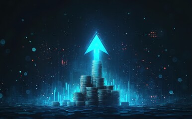 Poster - Digital representation of growth with stacked coins and an upward arrow symbolizing financial success and investment potential in a futuristic setting