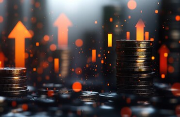 Poster - Dynamic Financial Growth Concept with Coins and Rising Arrows Depicting Economic Success and Investment Opportunities in a Modern Business Environment