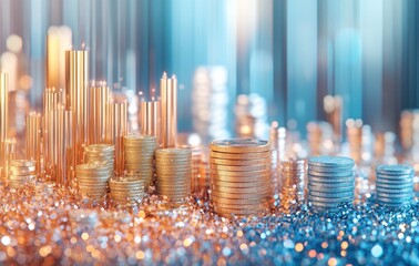 Poster - Elegant Arrangement of Coins and Bars on Glittering Surface with Soft Focus for Financial Themes and Investment Concepts in Modern Business Environments