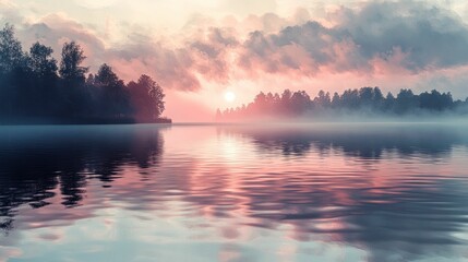 Wall Mural - Serene sunrise lake reflecting pastel sky