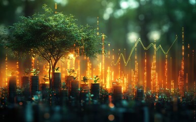 Poster - Financial Growth and Environmental Sustainability Concept with Tree, Coins, and Digital Graph Overlay in a Lush Green Background