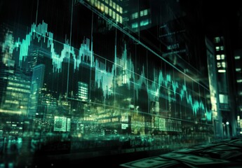 Poster - Financial Market Data Visualization with Stock Chart Overlay on Urban Cityscape at Night