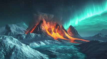 Wall Mural - Breathtaking fiery volcanic mountains rising from a frozen teal ocean landscape beneath a captivating display of the aurora borealis in the night sky. Frozen Cosmic Storms. Illustration