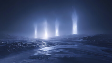 Wall Mural - Ethereal light pillars illuminating a frozen alien landscape. Frozen Cosmic Storms. Illustration