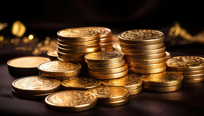Poster - Glimmering gold coins stacked elegantly on dark velvet surface, creating luxurious atmosphere