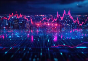 Poster - Futuristic Cityscape with Neon Lights and Financial Graphs Representing Stock Market Trends and Data Analysis in a Digital Environment