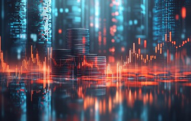 Poster - Futuristic Digital Financial Visualization with Stacks of Coins, Graphs, and Illuminated Cityscape in a High-Tech Abstract Setting