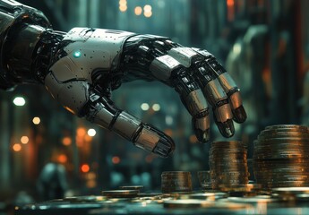 Poster - Futuristic robotic hand reaching to stack shiny coins in a high-tech urban environment showcasing finance and technology integration