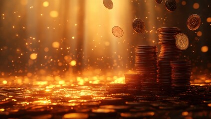 Poster - Glimmering Coins with Dramatic Light Creating Ethereal Atmosphere of Wealth and Prosperity in Soft Focus Surroundings