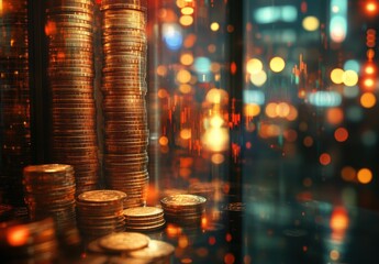 Poster - Glimmering Coins Stack with Soft Bokeh Light Effects for Financial Investment and Wealth Conceptual Background Design