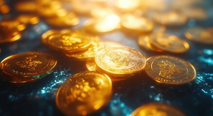 Poster - Glimmering Gold Coins Scatter Across a Textured Surface in Warm Light Reflections Creating a Luxurious and Elegant Atmosphere Ideal for Financial Themes