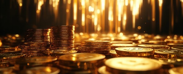 Poster - Glimmering Golden Coins Stacked with Soft Bokeh Light Background for Financial Themes and Wealth Concepts