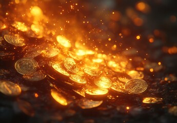 Poster - Glimmering Golden Coins in a Fiery Glow with Sparkles and Light Reflections Creating a Captivating and Enchanting Scene of Wealth and Prosperity