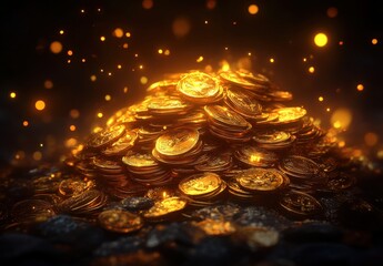 Poster - Glimmering Pile of Gold Coins with Sparkling Bokeh Background Representing Wealth, Abundance, and Prosperity in a Captivating Dark Setting