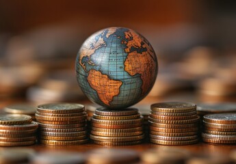 Poster - Globe on Stacks of Coins Representing Global Economy, Financial Growth, and World Trade in a Business Concept Visualizing Market Dynamics