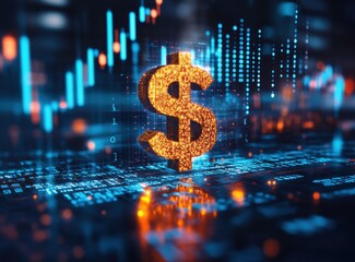 Poster - Glowing Dollar Sign Against Data Visualization Background with Financial Graphs and Binary Code for Economic and Investment Themes