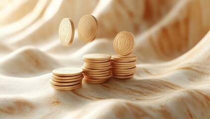 Poster - Golden coins cascading over a soft fabric background, capturing the essence of wealth, finance, and prosperity in a contemporary setting with natural light.