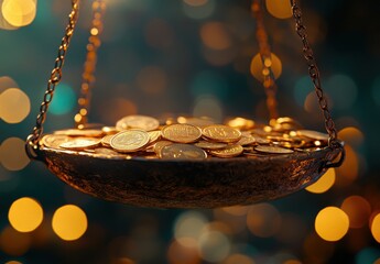 Poster - Golden coins on a vintage scale against a blurred shimmering background showcasing wealth, investment, finance and prosperity in a dreamlike setting