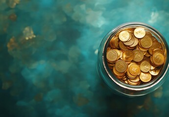Poster - Golden coins overflow from a glass jar on a turquoise background creating a vibrant and rich financial concept for illustrations and graphics