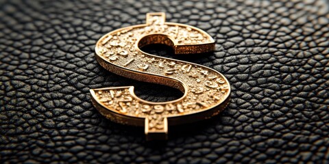 Poster - Golden Dollar Symbol on Black Leather Background, Close-Up, Textured Money Concept for Financial Imagery, Business, and Wealth Representation