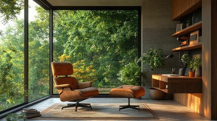 Wall Mural - Serene modern room, forest view, relaxing chair.