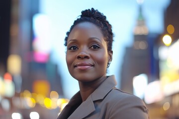 Wall Mural - Confident african female in urban setting with blurred city lights