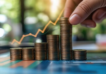 Poster - Growth in Financial Investments with Hand Placing Coins on Stacked Coins with Ascending Graph in Background Representing Prosperity and Success