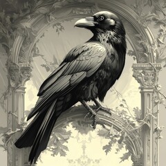 Wall Mural - Majestic raven perched ornate archway, sepia tones.