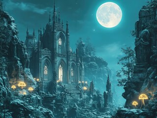 Sticker - Enchanting gothic castle moonlit night scene