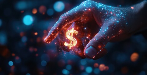 Poster - Hand Holding Glowing Dollar Sign Surrounded by Bright Colorful Particles in Abstract Financial Concept