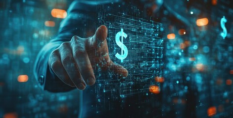Poster - Hand Reaching Toward Digital Dollar Sign with Futuristic Technology Background Representing Financial Growth and Investment Opportunities