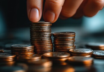 Poster - Hand Stacking Coins on Piles of Currency in Soft Focus with Warm Lighting, Creating a Financial Concept of Saving and Wealth Accumulation