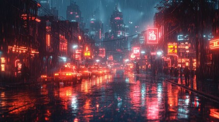 Wall Mural - Neon-lit rainy city street, futuristic cityscape, night scene.