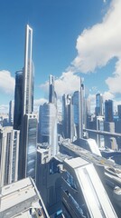 Wall Mural - A futuristic cityscape featuring towering skyscrapers, neon lights, and advanced technology