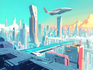 Wall Mural - A futuristic cityscape featuring towering skyscrapers, neon lights, and advanced technology