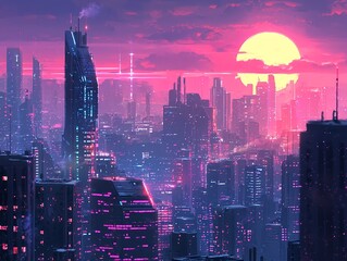 Wall Mural - A futuristic cityscape featuring towering skyscrapers, neon lights, and advanced technology